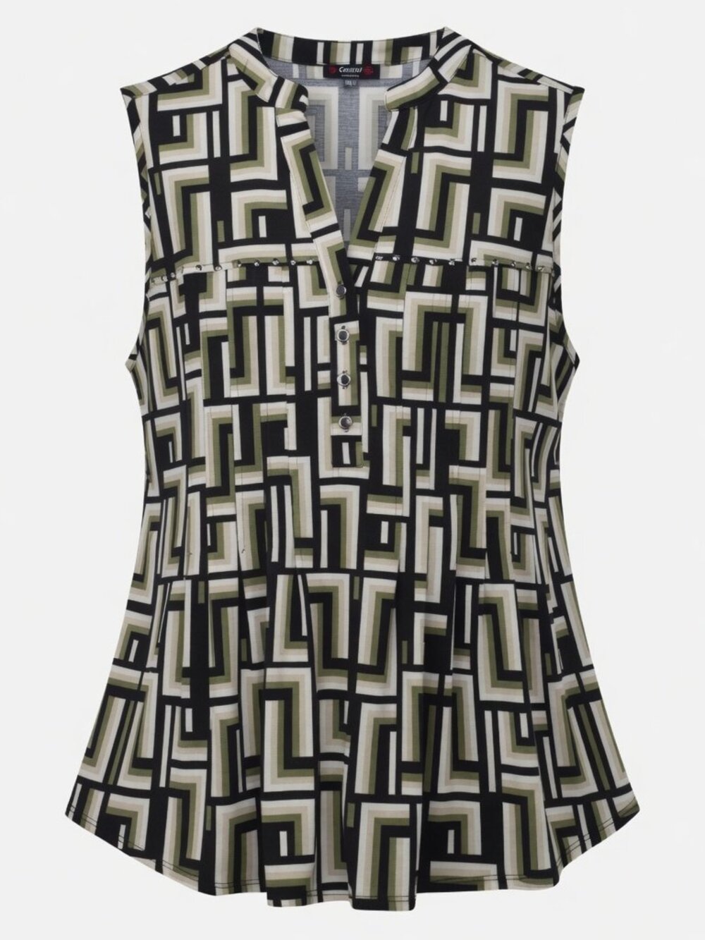 Cocomo Women's Plus Size 3X Black Beige Geo Print Studded Pintuck Sleeveless Top